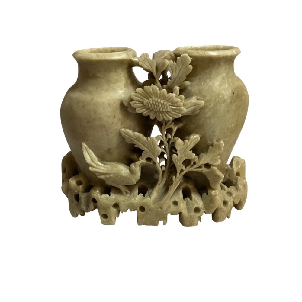 Vintage Hand-Carved Soapstone Double Vase Asian Floral Bird Design Decor 5"x6"
